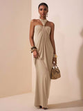 Womens Solid-Colored Halterneck Sleeveless Backless Slim-Fit Dress