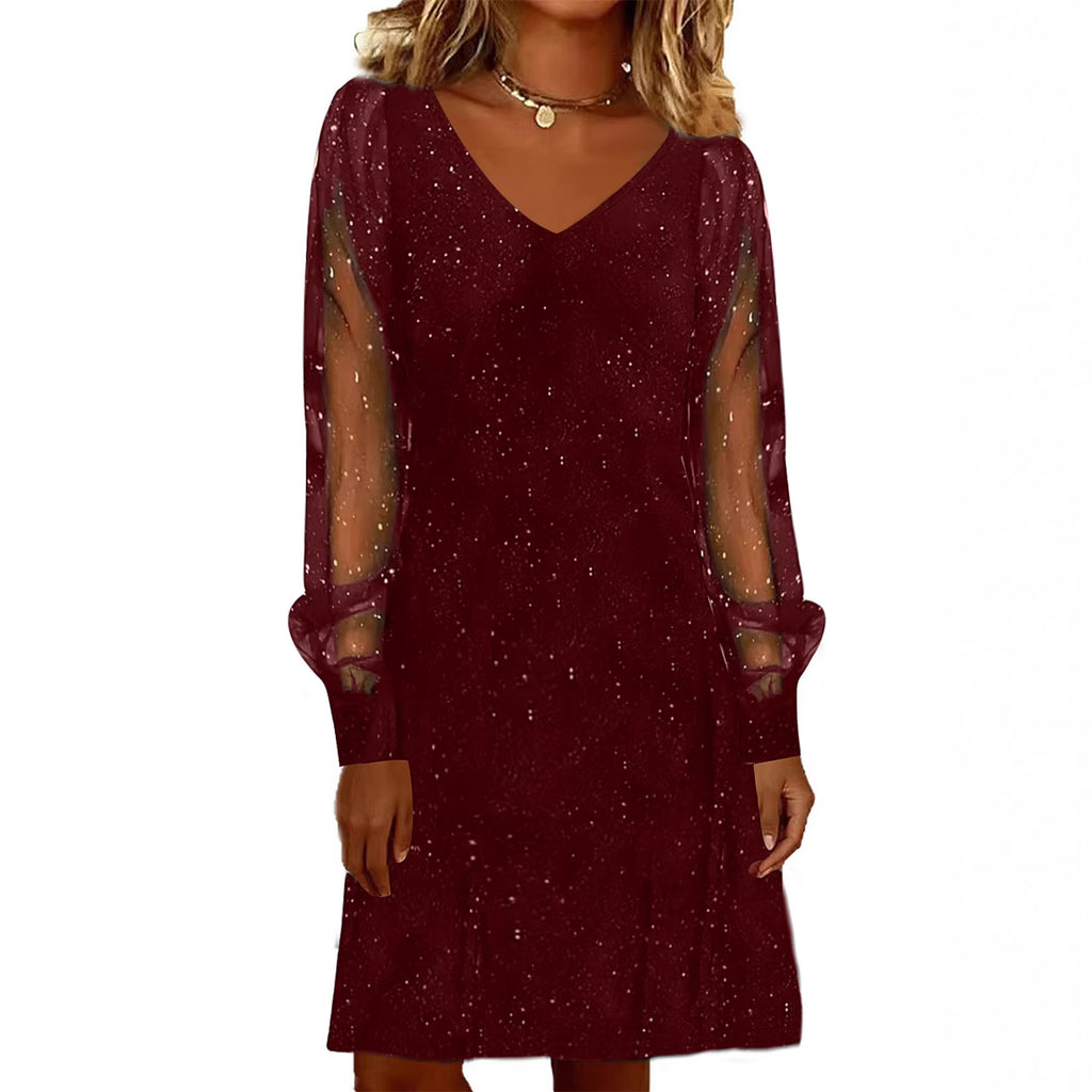 Elegant Women Dress V Neck Shiny And Glowing Mesh Sleeve Mini Dresses For Women Autumn Winter Party Dress Black Evening Dress