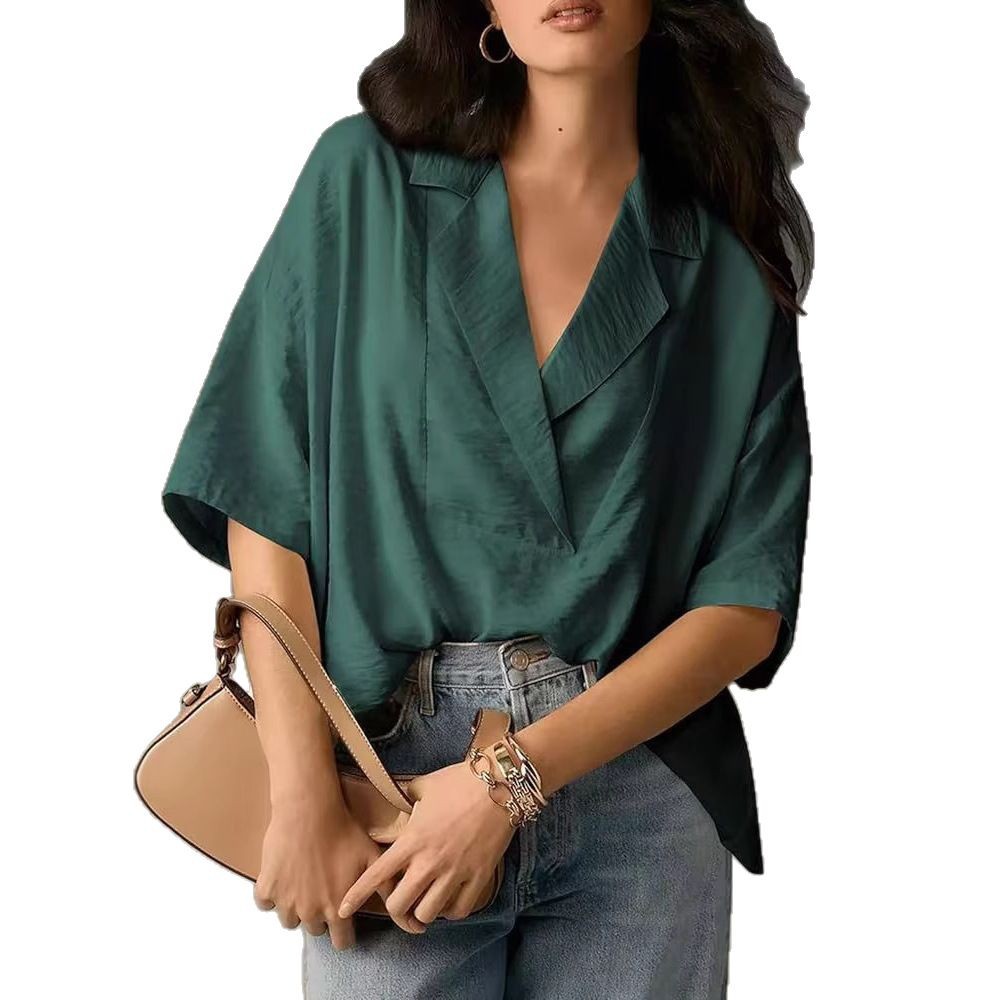 Casual Loose Short Sleeve Lapel  Collar Large V-Neck Fashionable Elegant Pleated Loose Fit Solid Color Women's Shirt Tops Clothing
