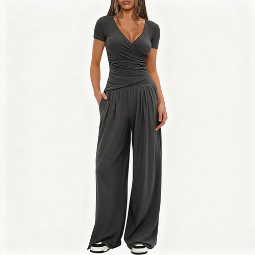 2 Pieces Women's V Neck Short-sleeve Sportswear Top And Wide-leg Pants Set Casual Comfortable Outfit Set For Daily Wear Gym Sports Outfit