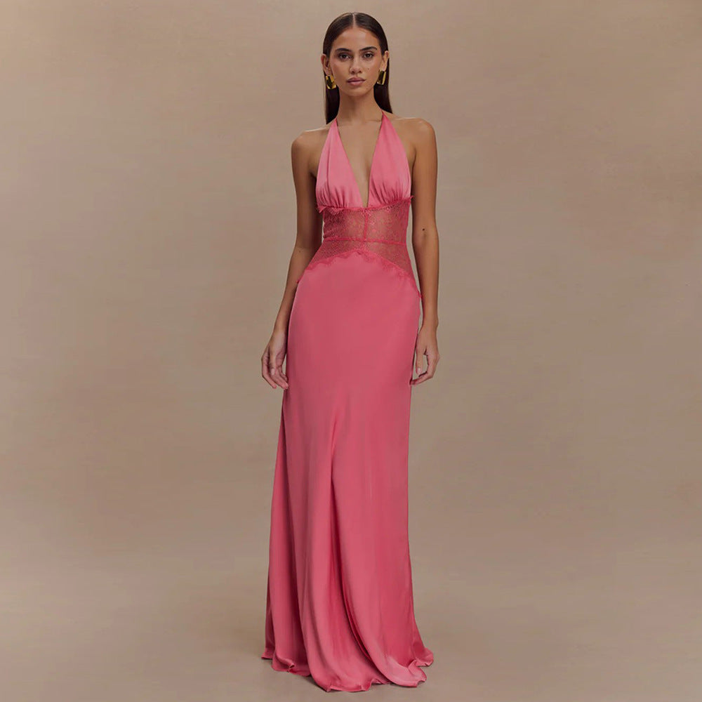 Elegant Deep V-silk Soft Satin Patchwork Neck Hanging Sexy Dress