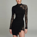 Long Sleeved Sheer Figure Hugging Lace Embellished Wrap Dress With A Slit And Patchwork Design