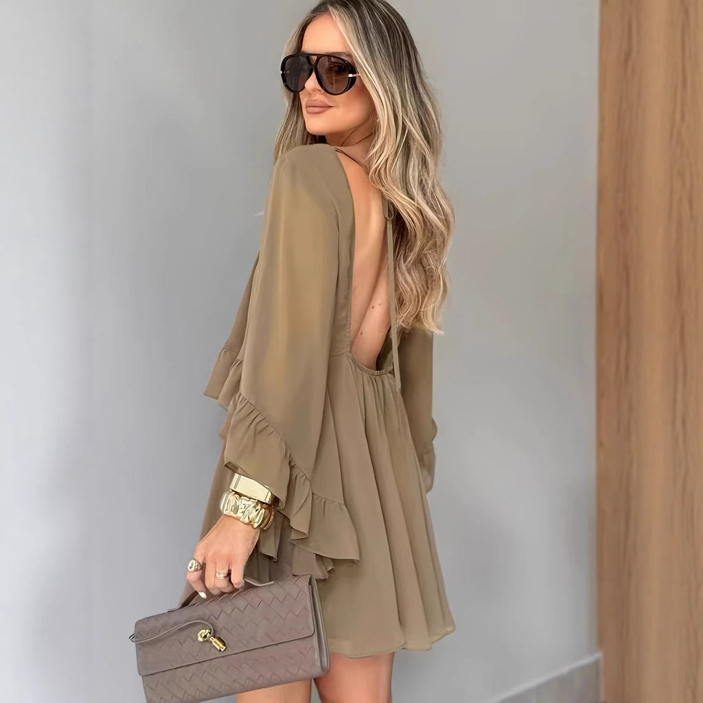 Loose-fit Ruffled-hem Round-neck Long-sleeve Chiffon A-line Dress