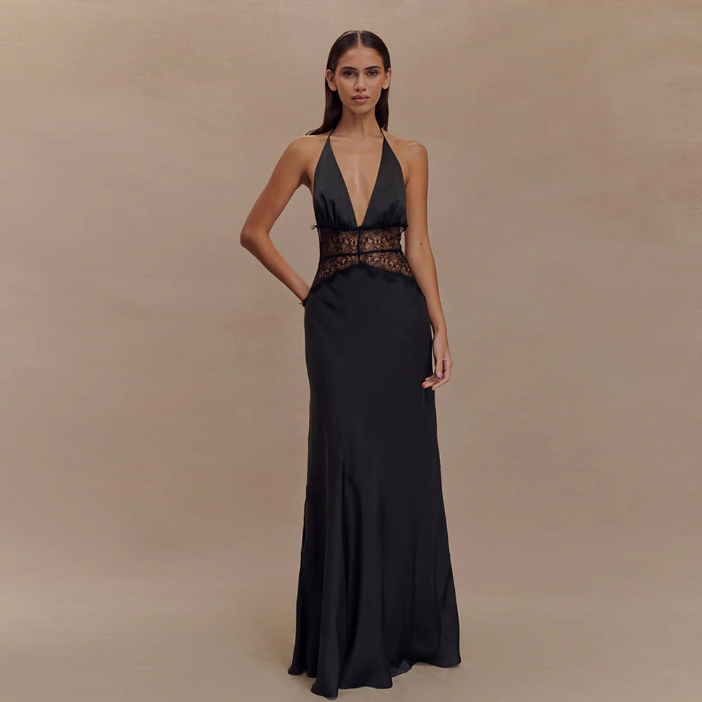 Elegant Deep V-silk Soft Satin Patchwork Neck Hanging Sexy Dress