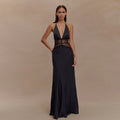 Elegant Deep V-silk Soft Satin Patchwork Neck Hanging Sexy Dress