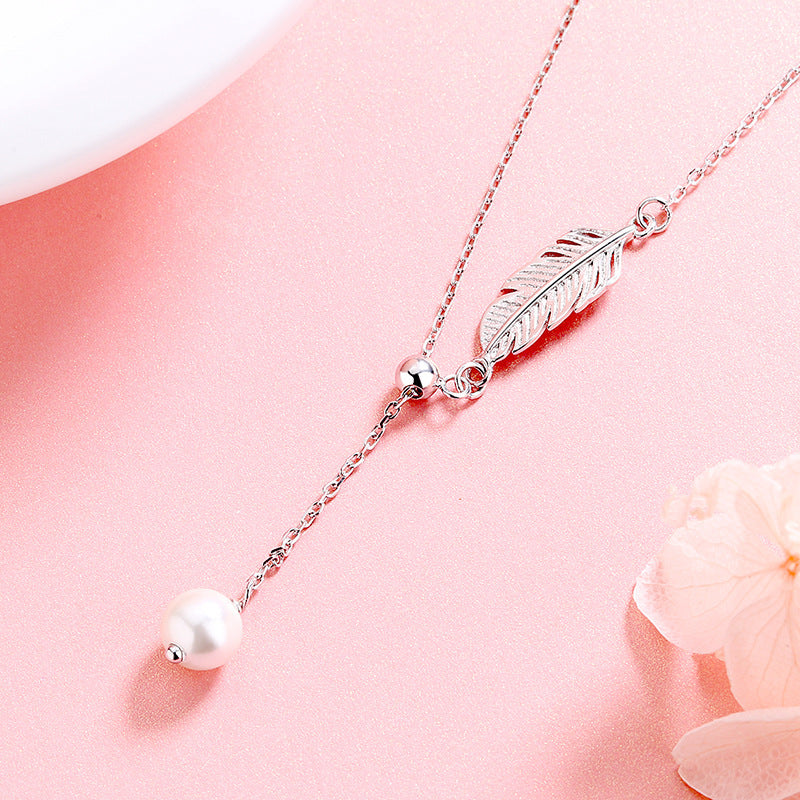 Long Fringed Feather Pearl Necklace Women