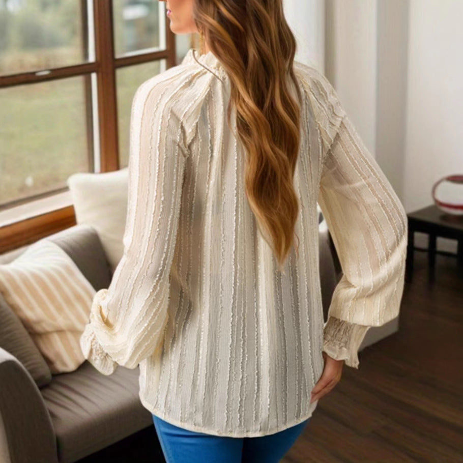 Elegant Solid-Color V-Neck Drawstring Long-Sleeve Top Shirt