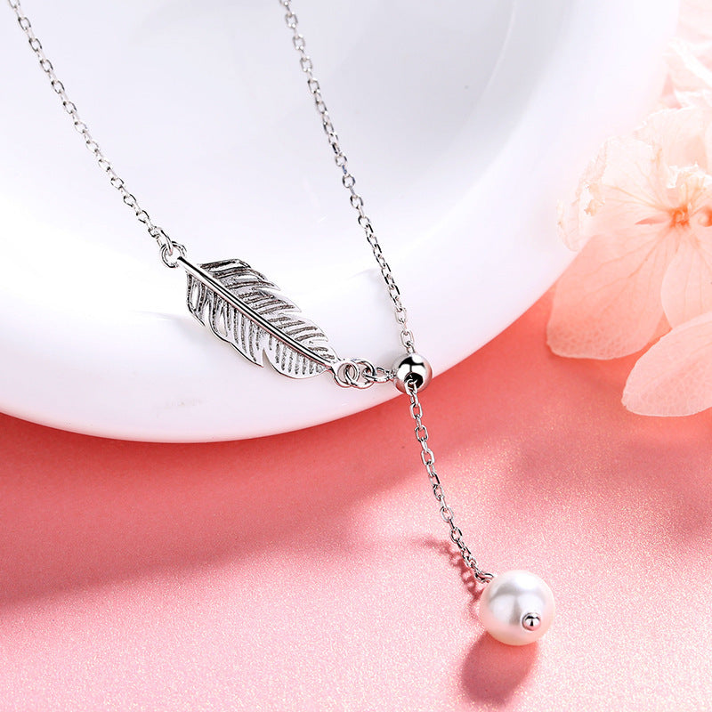 Long Fringed Feather Pearl Necklace Women