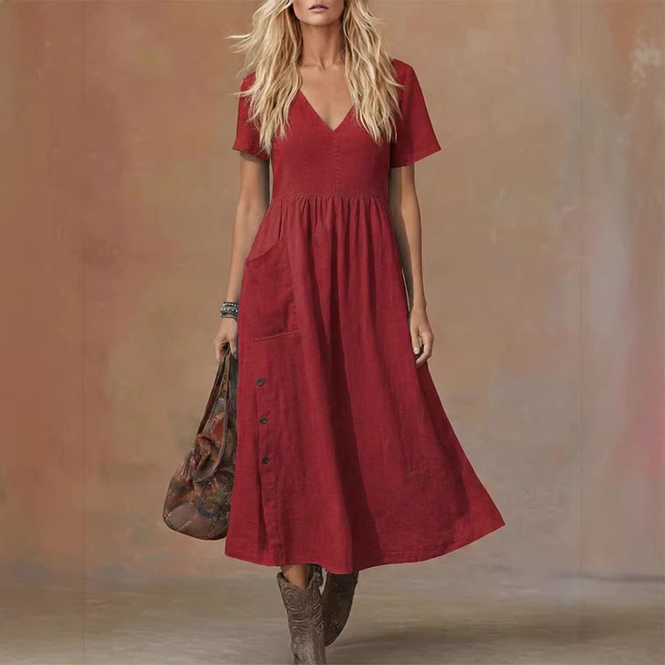 Women's V-neck Short-sleeve Pocketed Loose-fitting Fashionable Dress