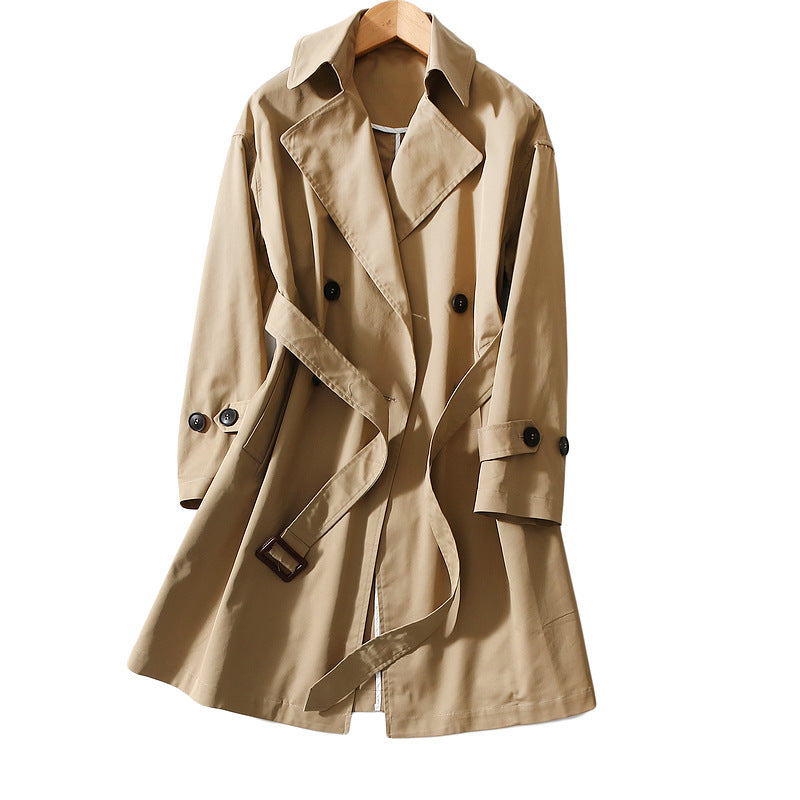 Women's Suit Neck Belt Waist Long Over-the-knee Windbreaker Jacket