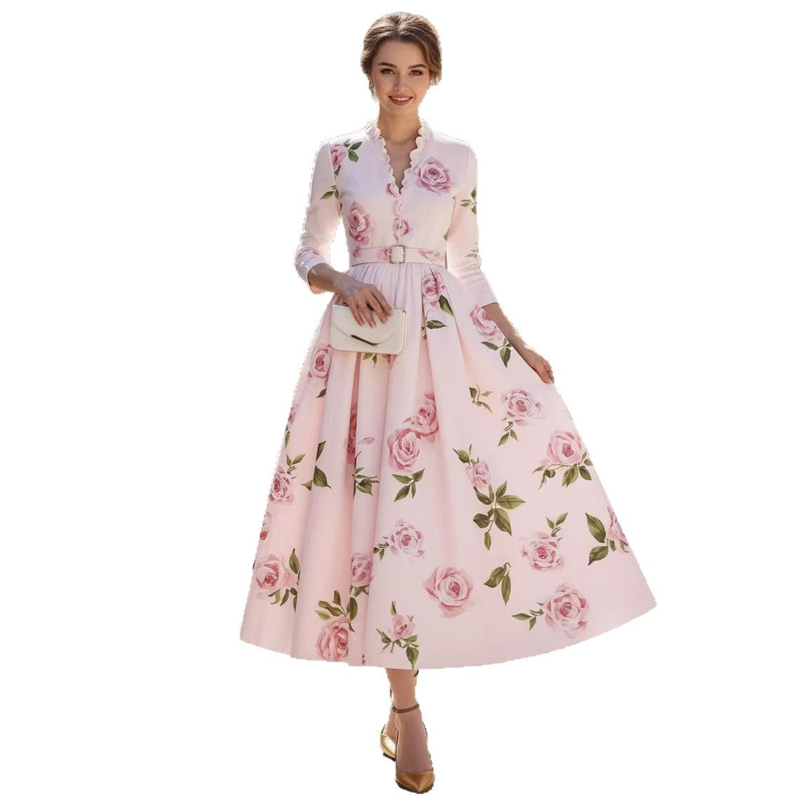 Fashionable Printed V-Neck Defined-Waist Long-Sleeve A-Line Womens Dress