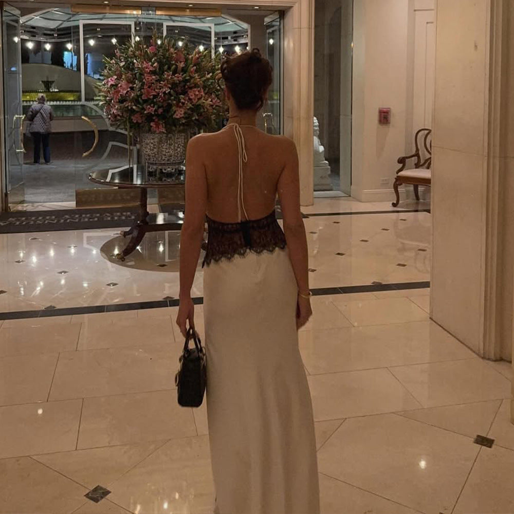 Elegant Deep V-silk Soft Satin Patchwork Neck Hanging Sexy Dress