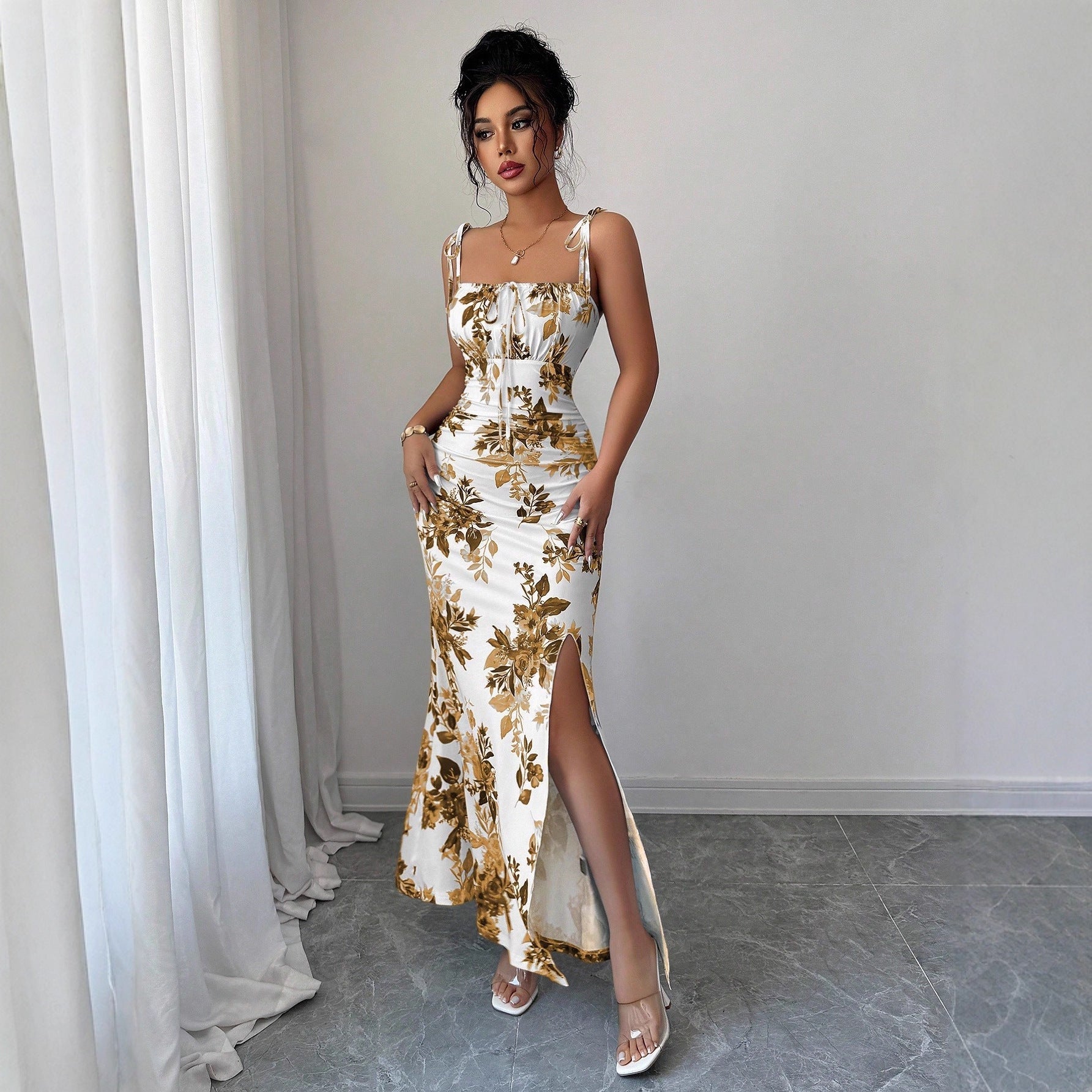 Printed Slip Dress, High-waisted Floral Maxi Dress