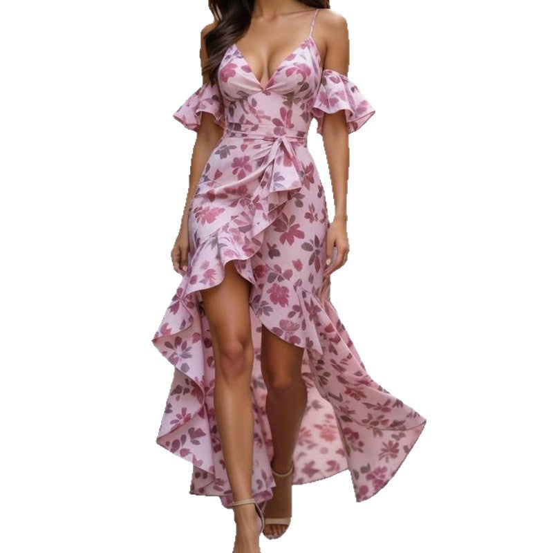 Womens Sexy Sleeveless Strap Dress With Floral Print And Halter Neck