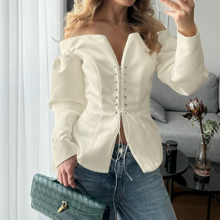 Womens Stylish Solid-Color Off-the-Shoulder Pleated Long-Sleeve Tie-Up Top
