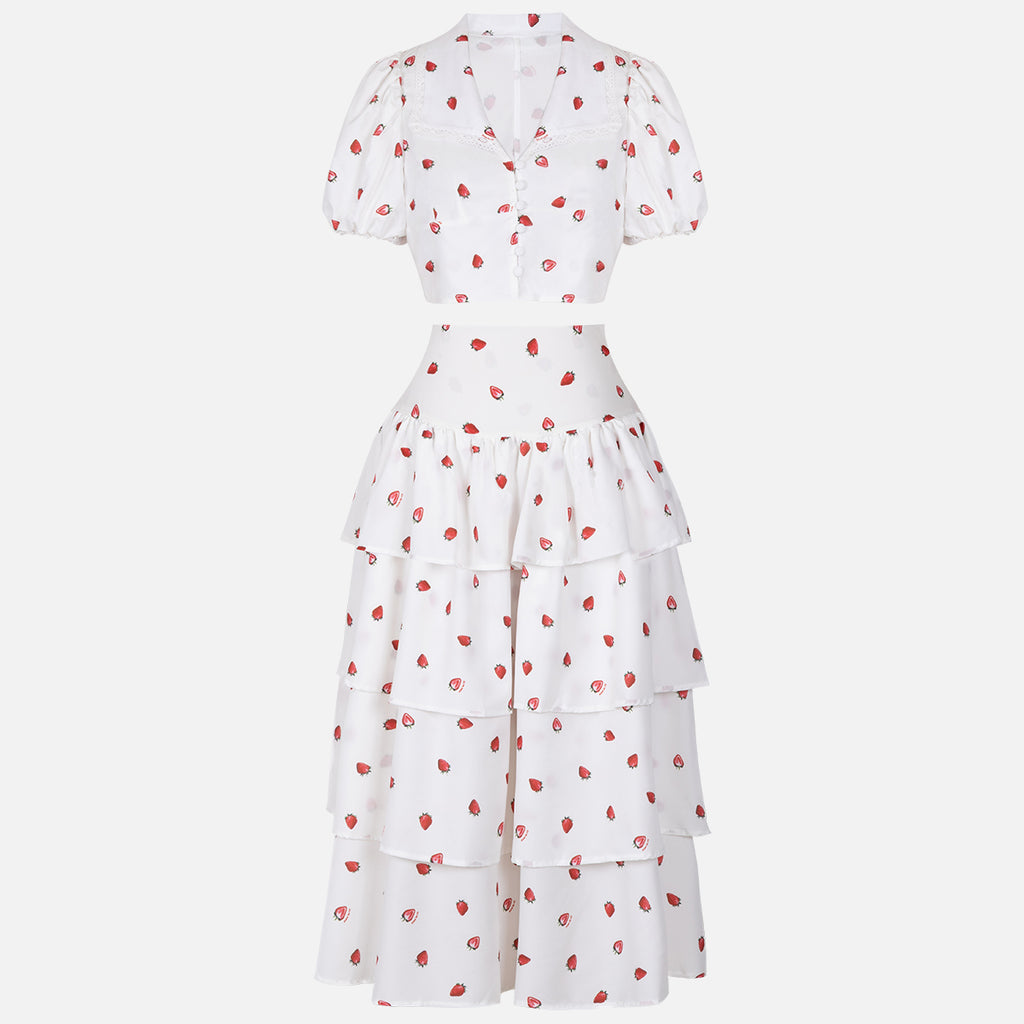 Floral Short Sleeve Cropped Top & Cake Ruffle Skirt Set